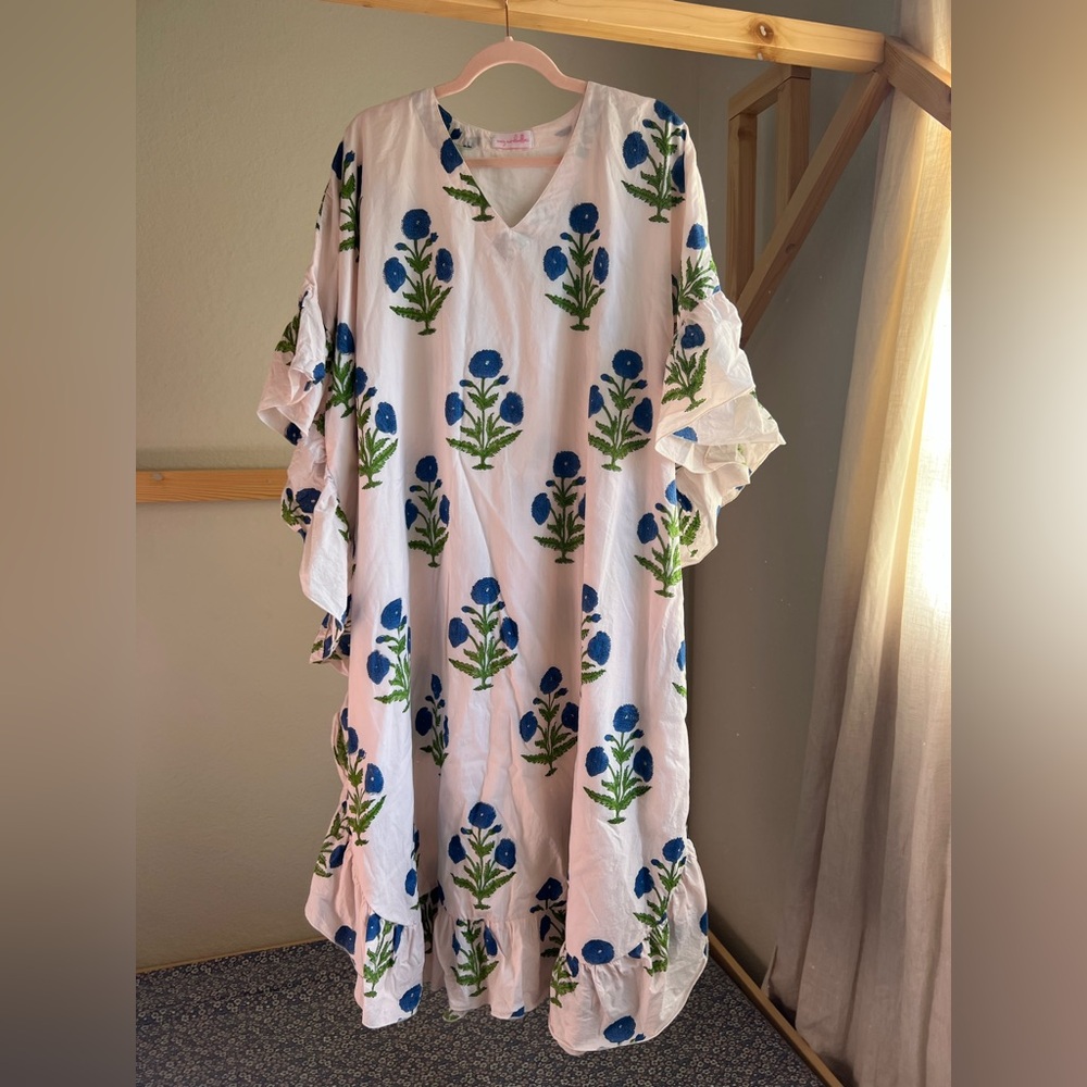 Mary Marshmallow Floral Block Print Ruffle Kaftan Maxi Dress